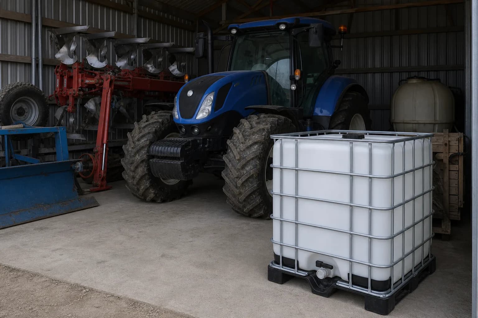 Tractor and implements in a barn undergoing off-season preservation, supplied from a 1,000 L IBC tote of anticorrosion formulation