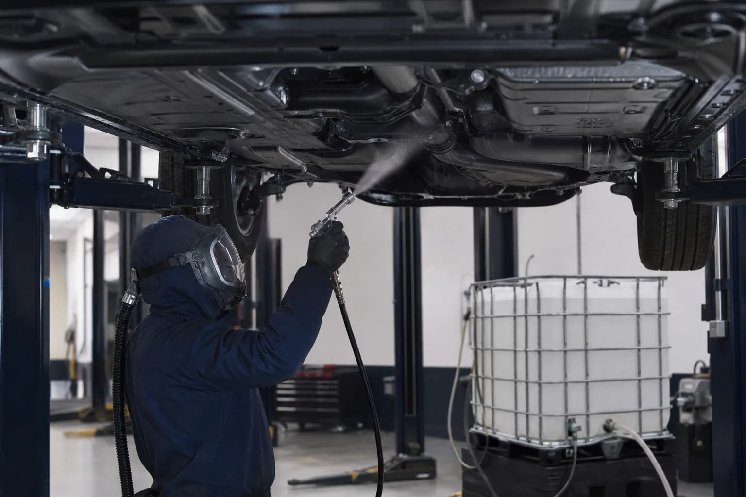 Tecnico che applica a spruzzo la formulazione anticorrosione sul sottoscocca di un veicolo sul ponte, alimentato da un contenitore IBC da 1.000 L