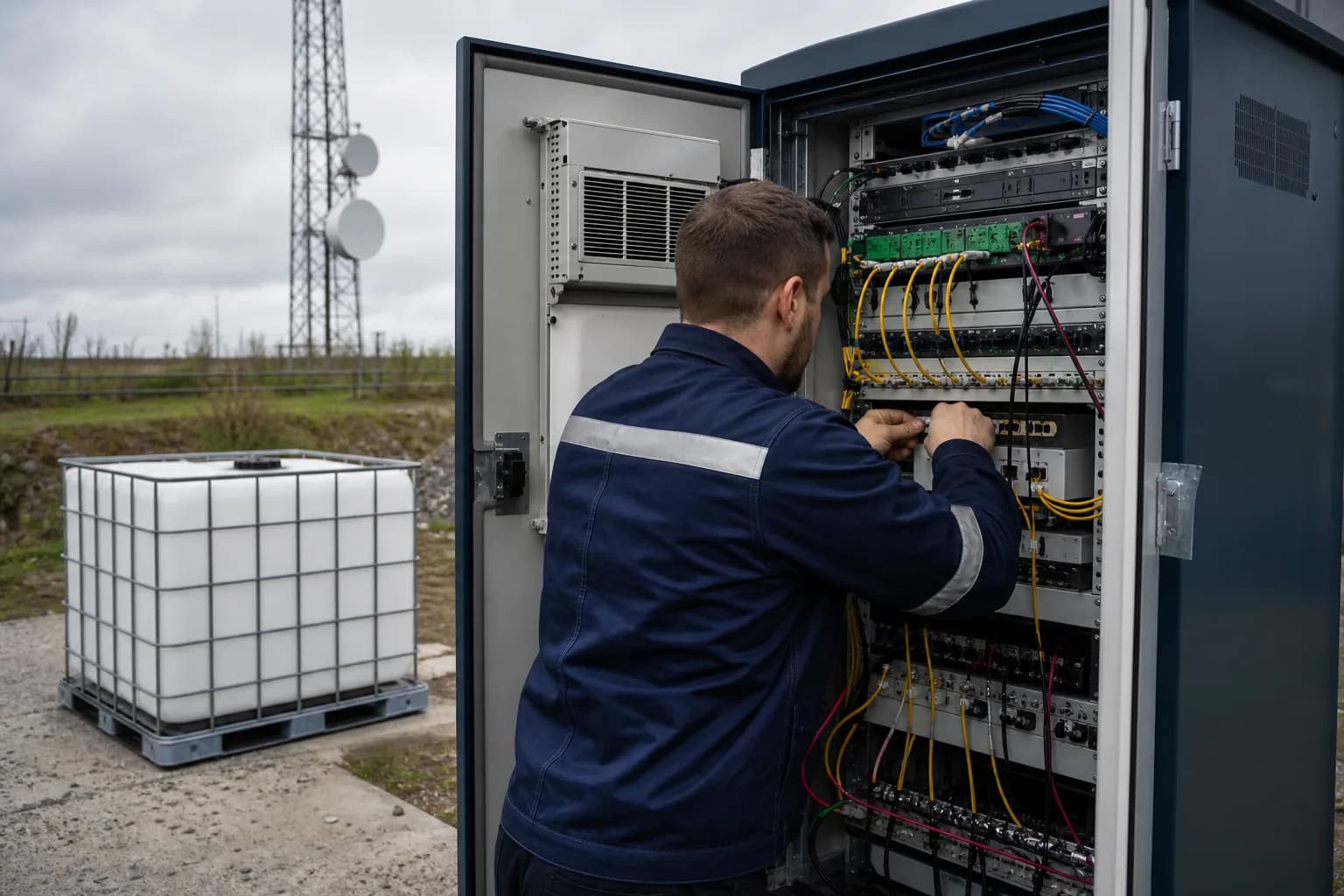 Engineer treating an outdoor telecom cabinet against moisture ingress, working from a 1,000 L IBC tote of dielectric formulation
