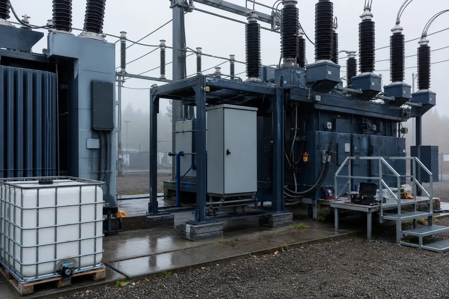 Outdoor substation transformers and busbar gear protected against condensation, served by a 1,000 L IBC tote of dielectric formulation