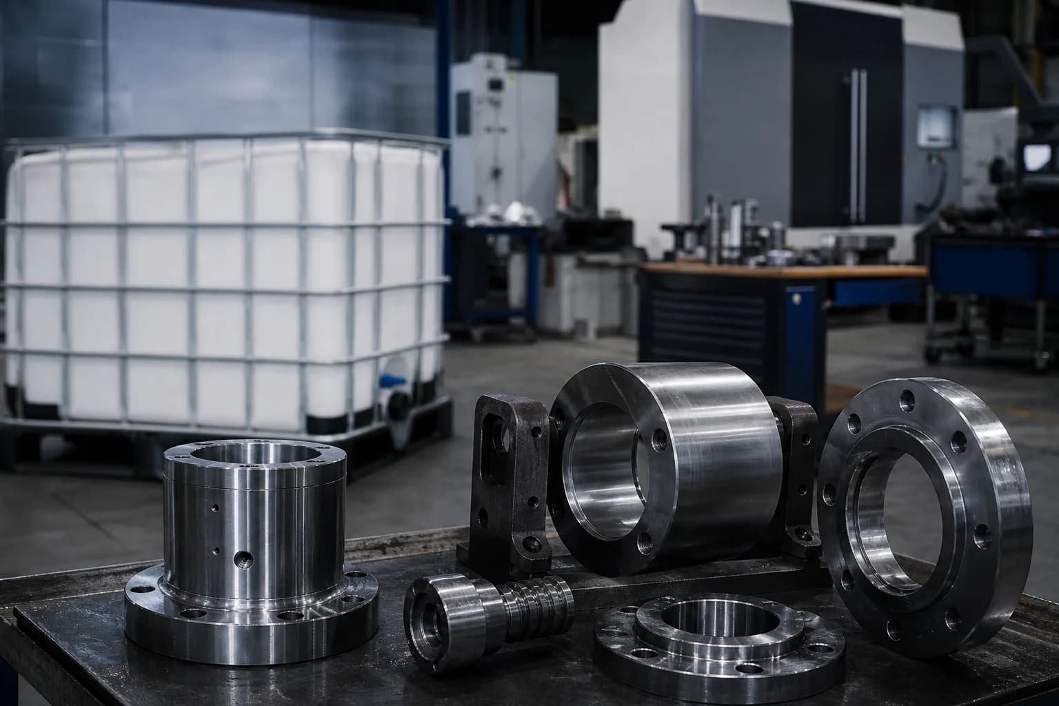 Machined flanges and bearing races awaiting inter-operation protection beside a 1,000 L IBC tote on a production floor