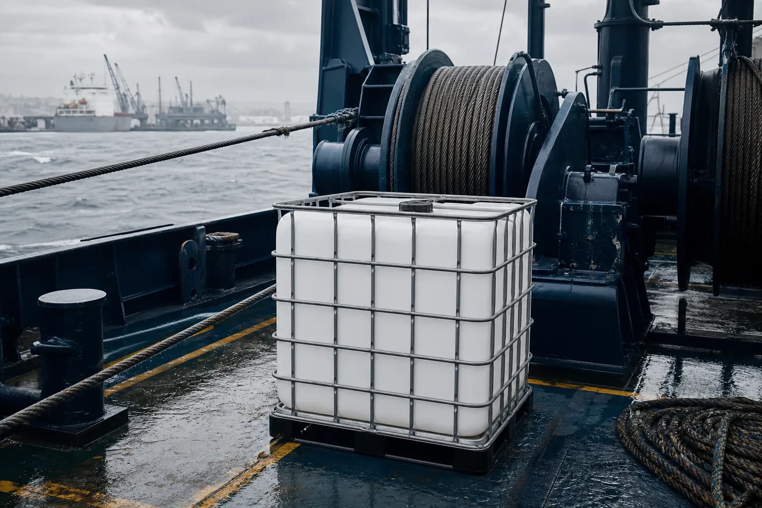 Deck winch and mooring gear on a vessel in harbour, treated against salt corrosion from a 1,000 L IBC tote of bulk formulation