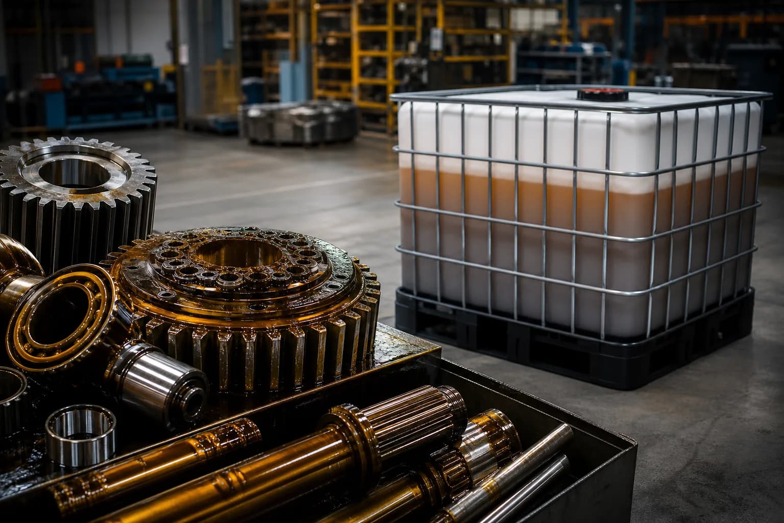 Machined steel gears and shafts beside a 1,000 L IBC tote of Kiemer anticorrosion formulation on a workshop floor