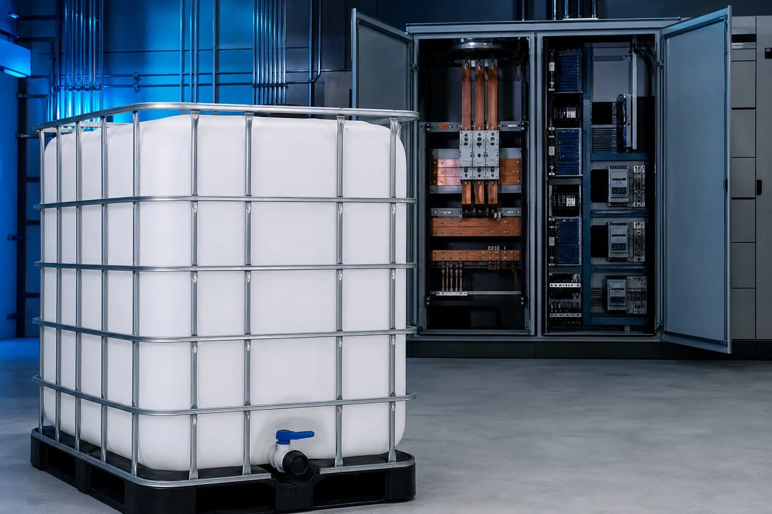 Open low-voltage switchgear cabinet lit blue beside a 1,000 L IBC tote of Kiemer dielectric formulation